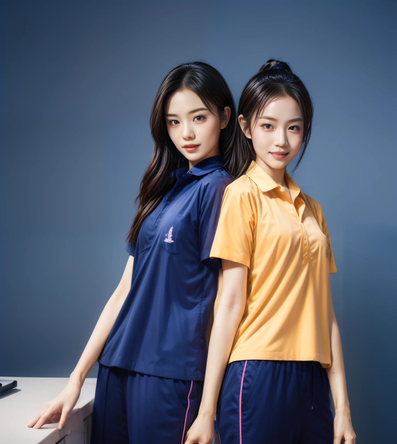 (best quality,10,10,height,Masterpiece:1.2),Special details,(realistic,ภาพrealistic,Realistic photos:1.37),1 Cute girl in the kitchen,shiny, ผิวshiny,only,smile softly,BDclothelue shirt:1.3)),short sleeve,shirt, กางเกงขาlong.,(navy_long_track pants:1.1), ((Kitchen Background)),Dynamic angle,excited,Face focus,dynamic poses,from behind,focus on ass,Masterpiece, best quality, ultra realistic, hyper detail, 8k resolution, raw photos, Sharp focus, ((Navy blue shirt:1.1)), short sleeve, เส้นทางlong, perfect body, 2 mature women, 18 years old, Cinema-grade lighting system,blue sweatpants,shirtผ้าออกกำลังกาย,correct anatomy,perfect body, correct body, Sharp face, correct bodyทางกายวิภาค, full body, realistic gestures, long-haired, realistic poses,Wear long shorts...........................,ช่วงขาlong,Good shape,carved girl, Slender figure, model, Good shape, beautiful body,blue sweatpants, two girls kissing