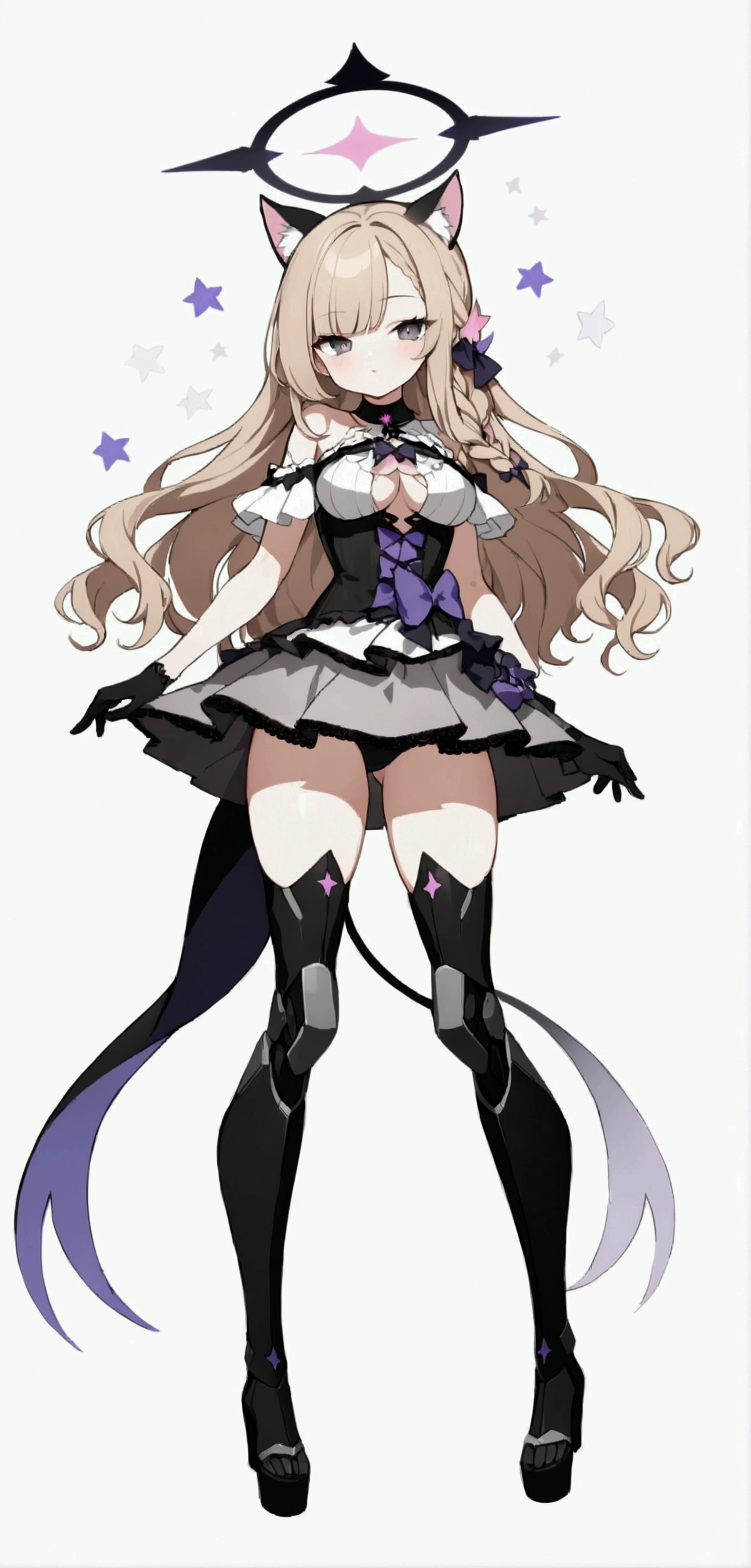 woman 170 cm tall. medium chest, wide hip, slim build, ((whole body)). (((character design sheet: front view))). (dark blonde hair, (hip-length wavy hair with asymmetrical bangs), (She has a short braid tied with an elegant purple bow on the left side of her hair above her chest). (She has a short braid tied with an elegant purple bow on the right side of her hair above her chest). She has small ribbons in the back of her hair..). ((Gray eyes with a pink 4-pointed star in the pupil.)). Two black and purple serval ears located on the top of the head. (Luminous black halo with purple star patterns above his head). He has a black collar with a heart emblem on his neck.. (Elegant one-piece long dress with lace and ruffle thigh-high skirt, ribbon decorations and star patterns on the dress). black gloves, beautiful black platform heels. gray belt at the waist with a large ribbon with a luminous pink heart in the middle. (It has a beautiful succubus tail with a small purple star on the tip.). ((It has complex mechanical legs that reach up to the thighs and are black with small purple details..)). beautiful detailed hair, beautiful detailed dress. extremely detailed arms. extremely detailed face, small face, Beautiful detailed eyes, beautiful detailed lips. adorable. extremely detailed legs. (Best Quality, 4k, high resolution), ultra detailed, Exquisite and epic character art., ((White background)). (Focus on symmetry).