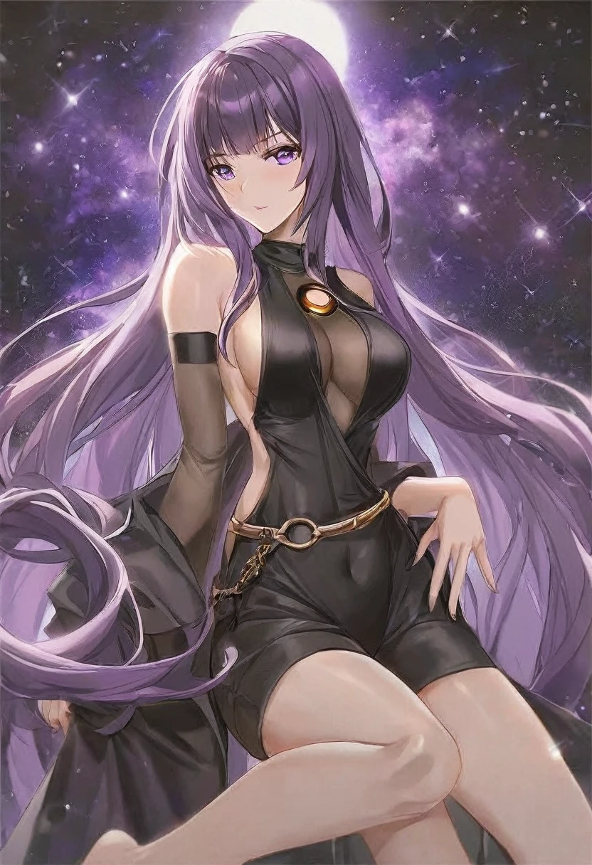 Athena，Purple one-way slightly messy long hair，Purple Eyes，Black one-piece dress，But the jumpsuit is sexy，barefoot，A black hole in the universe，Purple and black black hole，Draw a good look，Normal body proportions