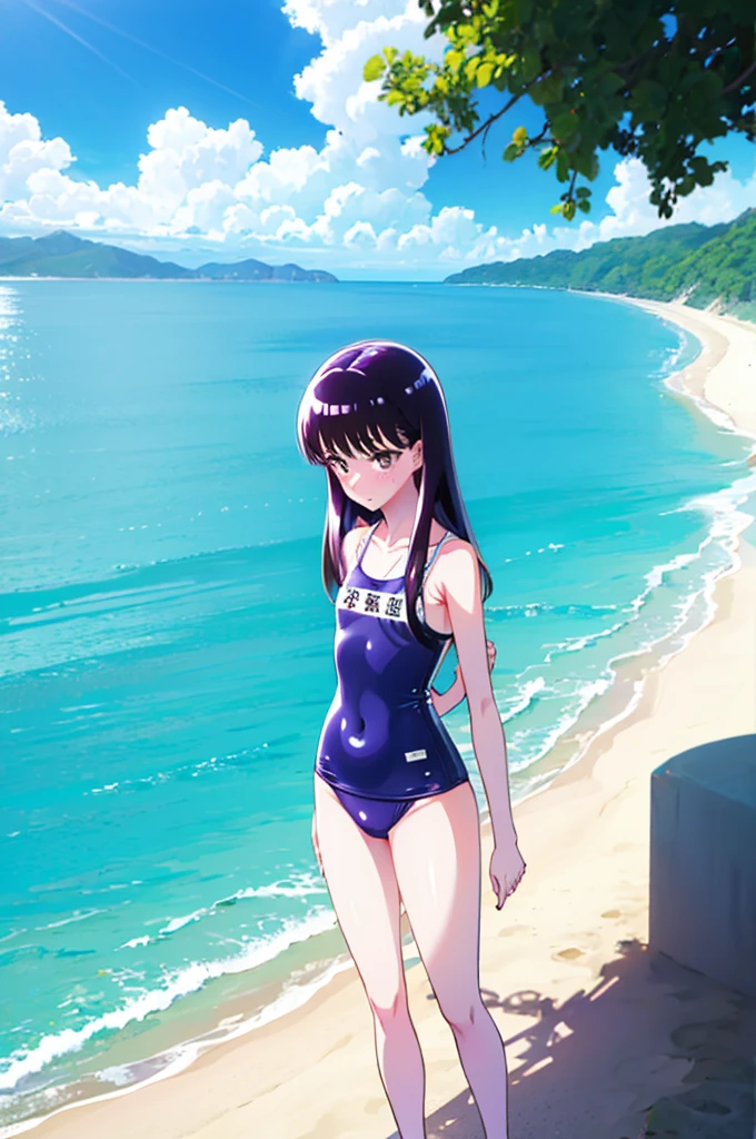 Random patterned swimsuit、Swimsuit,,Blushing、Pale brown eyes、Dark purple hair、Semi-long hair、Head to toe full body、Blushing、Embarrassed look、Composition from the front、A view from slightly below、school swimwear、Acme Face、Random pose、, 、nsfw、Highest quality、1 girl、solo、Ocean、Sandy Beach、Sexy pose、Random pose、Blushing、wet、Embarrassed、I can see half of my 、、One piece swimsuit、(Strap slip:1.3)、Swimsuit
