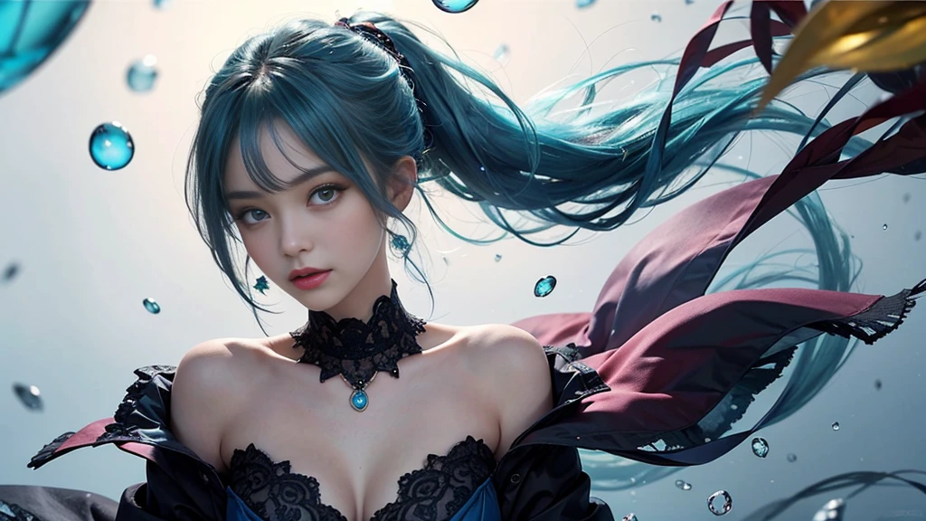 (masterpiece), (Highest quality), (Very detailed), (Disheveled Hair), (shape), (One Girl), (Fashionable clothes), Are standing, Fashion Model, Beholder, (interview), (Simple Background), Beautiful and beautiful eyes, Delicate and beautiful face, floating, (High chroma), (Colorful Splash), Colorful bubbles, (Shine), Focus on the face, ponytail, Light blue hair, bangs, Hair Ring, floating Flowers, floating Hairs, (The Shining), Best lighting, Best Shadow, Big, firm, swaying breasts