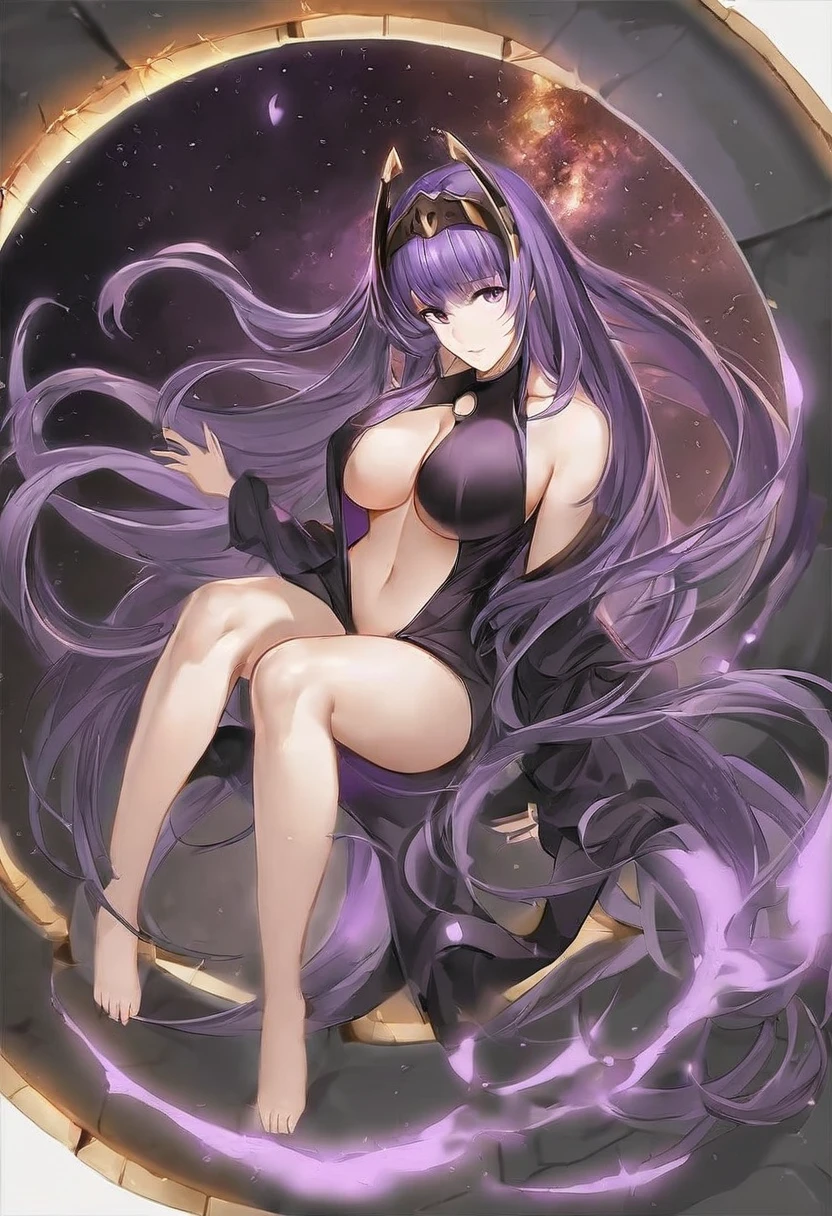 Athena，Purple one-way slightly messy long hair，Purple Eyes，Black one-piece dress，But the jumpsuit is sexy，barefoot，A black hole in the universe，Purple and black black hole，Draw a good look，Normal body proportions