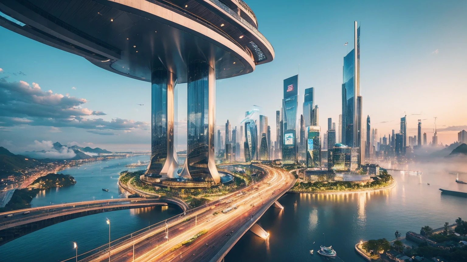(Best quality,4K,8K,A high resolution,Masterpiece:1.2),Ultra-detailed,(Realistic,Photorealistic,photo-realistic:1.37),Futuristic floating city,Futuristic technology,Huge urban high-tech tablet platform,Airship,Floating in the sky,Futuristic city,Small airships around,High-tech hemispherical platform,Colorful lights,Advanced architecture,modernn architecture,skyscrapper,Access the cloud,Scenic beauty,view over city,Impressive design,Blend seamlessly with nature,energetic and vibrant atmosphere,Futuristic transportation system,Parking is suspended,Transparent path,Lush greenery,Sky gardens,cascading waterfalls,Magnificent skyline,reflections on the water,Sparkling river,Architectural innovation,futuristic skyscrapers,Transparent dome,The shape of the building is unusual,Elevated walkway,Impressive skyline,Glowing lights,Futuristic technology,Minimalist design,Scenic spots,Panoramic view,Cloud Piercing Tower,Vibrant colors,epic sunrise,epic sunset,Dazzling light display,magical ambiance,The future city,Urban Utopia,LuxuryLifestyle,Innovative energy,sustainable development,Smart city technology,Advanced infrastructure,Tranquil atmosphere,Nature and technology live in harmony,Awesome cityscape,Unprecedented urban planning,Architecture connects seamlessly with nature,High-tech metropolis,A cutting-edge engineering marvel,The future of urban living,Visionary architectural concept,Energy-efficient buildings,Harmony with the environment,A city floating above the clouds,Utopian dreams become reality,The possibilities are endless,State-of-the-art transportation network,Green energy integration,Innovative materials,Impressive holographic display,Advanced communication system,Breathtaking aerial view,Quiet and peaceful environment,Modernist aesthetics,Ethereal beauty
