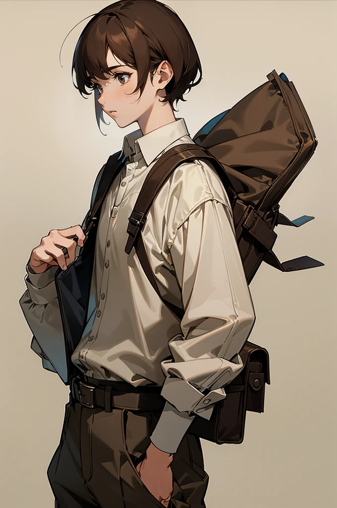 Short (5'4"), slender build, dark brown hair kept neat and parted, warm brown eyes, light brown skin, often wears collared shirts and khakis, carries a backpack filled with gadgets. (masterpiece, best quality )detailed, 1Character
