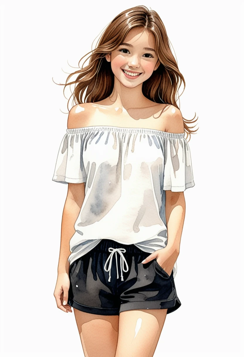 Hand-drawn watercolor illustration, One Girl,Brown Hair（Long Hair）, off shoulder（BLACK）,Shorts（white）,15 years old,smile,cute, cute, Simple, Pencil line drawing