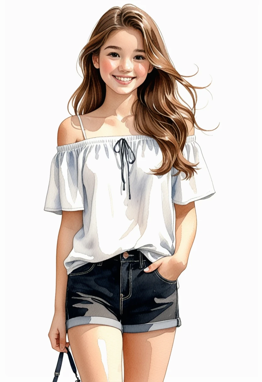 Hand-drawn watercolor illustration, One Girl,Brown Hair（Long Hair）, off shoulder（BLACK）,Shorts（white）,15 years old,smile,cute, cute, Simple, Pencil line drawing