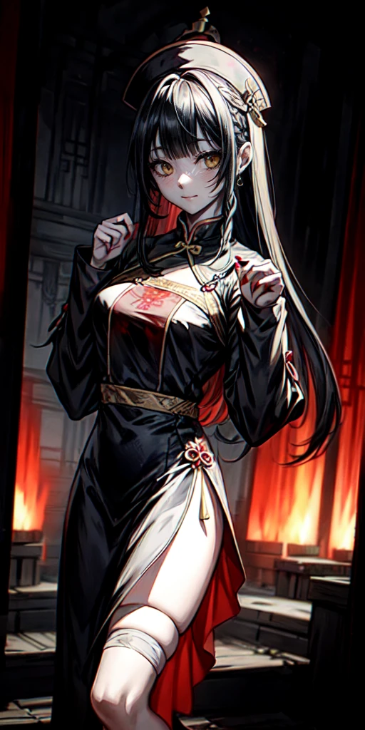 lora:flat:-1.2, masterpiece, best quality, 4k, 8k, 1 woman, solo, pale skin, tall stature, long hair, blunt bangs, side braid, black hair, ugly face, bad face, bad eyes, droopy eyes, unclear eyes, ruby red eyes, lemon yellow eyes, pale skin, black eyeliner, black eye shadow, heterochromia, slender frame, frightened, ofuda, jiangshi costume:1.2, sheath long skirt, China dress, fang, horror, coffin, forest, dark night, stormy weather, fog, from front, cowboy shot, look at viewer, paw pose,