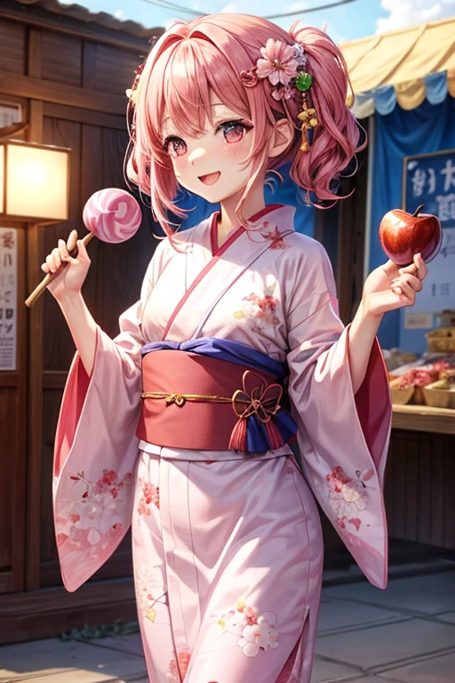 A woman wearing a yukata,hair_pink,Medium Hair,お団子のhair型,hair飾り,巻きhair,pinkの目,pinkの浴衣_Floral,laughing,Mouth wide open,A very happy smile,Happy look,I have apple candy,Summer festival,firework,blush,Small ,,clear,,flat chest