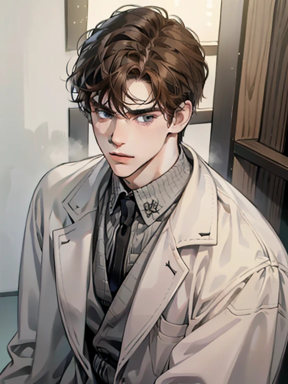 masterpiece, best quality, realistic, 1man, mature male, quiet and charming young man, 25 year old, serious look, closed mouth, portrait, extremely detailed face, cold smile, ((dark grey eyes)), ((short-right-swept dark brown hair)), [thick eyebrows], ((suit)), handsome, full body, western, Jewish, light brown skin,