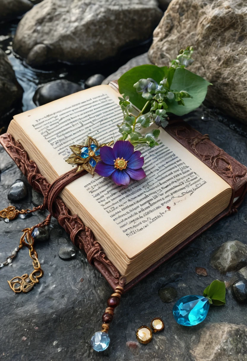 a close up of a book with a flower on a rock, floating spellbook, spell book, fantasy book, magic book, books covered in jewels, grimoire, lost grimoire, storybook, holding spell book, storybook style, story book, romantic storybook fantasy, holding grimoire, storybook art, grimoire page