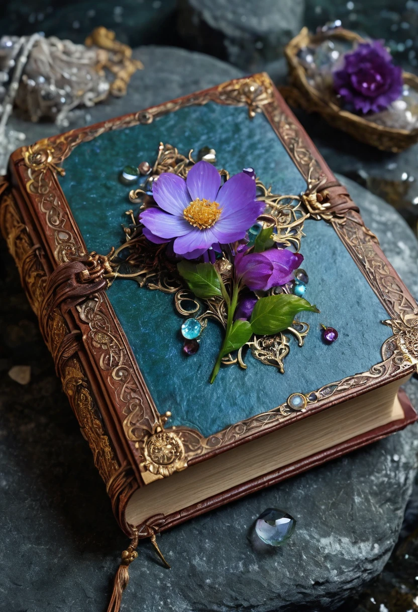 a close up of a book with a flower on a rock, floating spellbook, spell book, fantasy book, magic book, books covered in jewels, grimoire, lost grimoire, storybook, holding spell book, storybook style, story book, romantic storybook fantasy, holding grimoire, storybook art, grimoire page