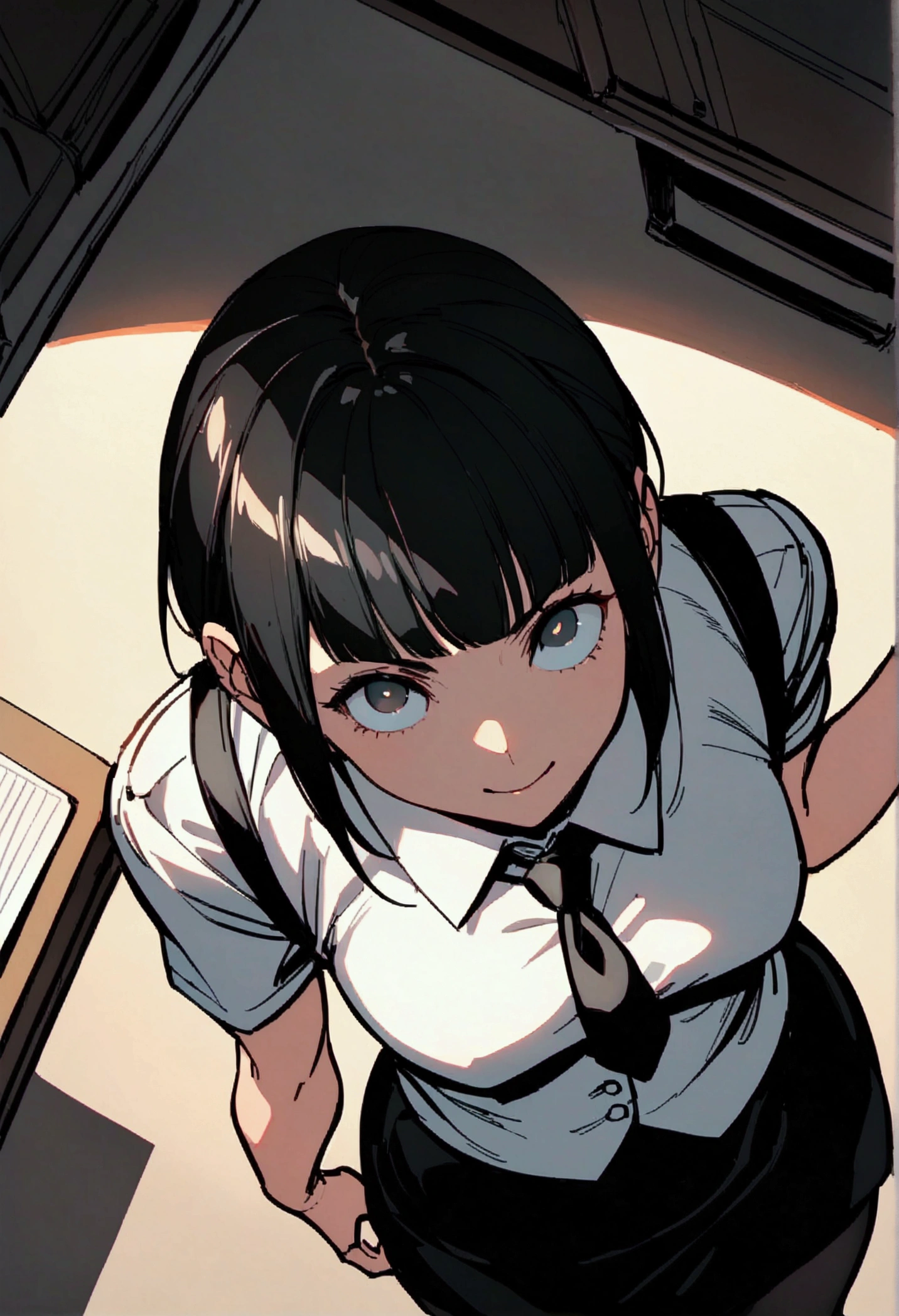 fitted white secretary shirt with black tie, Very short black skirt, skirt short,sock, short hair, black stockings, malign smile,DESK,bangs on the eyes,lighting,from above view,staring overhead