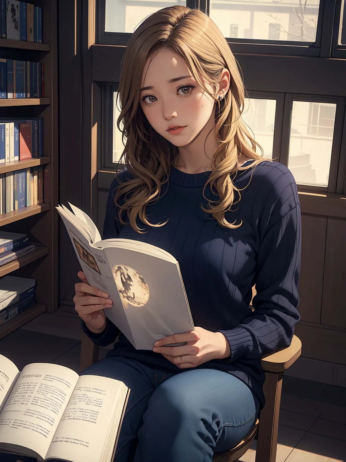 1girl, long blonde hair, beautiful detailed eyes, blue eyes, beautiful detailed lips, smile, gray sweater, long black jeans, blue shoes, sit at chair, fullbody shot, inside library, reading book, (best quality,8k,highres,masterpiece:1.2),ultra-detailed,(realistic,photorealistic,photo-realistic:1.37),HDR,vivid colors,natural lighting,cinematic mood,fantasy,soft lighting