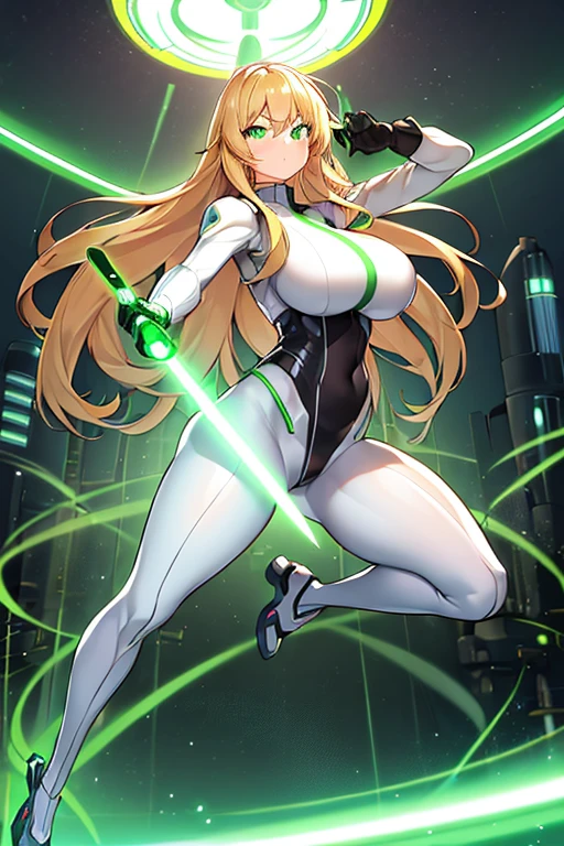 1girl, green eyes, blonde hair, long hair, large breasts, hourglass figure, bodysuit, white bodysuit, neon, neon trim, machinery, tech, science-fiction, futuristic, serious, standing, full body, ((full body)),, pantyhose, black pantyhose, wavy hair, fighting stance, robot girl, sword, lightsaber