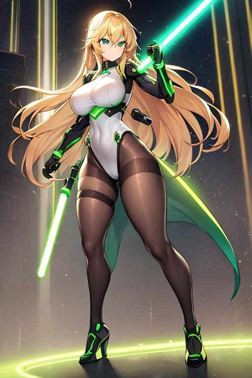 1girl, green eyes, blonde hair, long hair, large breasts, hourglass figure, bodysuit, white bodysuit, neon, neon trim, machinery, tech, science-fiction, futuristic, serious, standing, full body, ((full body)),, pantyhose, black pantyhose, wavy hair, fighting stance, robot girl, sword, lightsaber