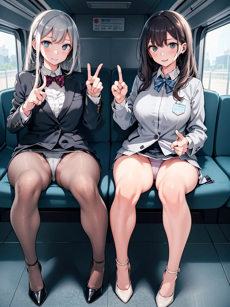 Highest quality, Ultra-high resolution, (Realistic: )2D official style cel animation,((Two girls are sitting in a row with their hands making peace signs))Grey suit、Grey tight mini skirt,(Lace panties)High heels,全身Portrait,Commuter train chair,sunny,Embarrassed face,front、Portrait