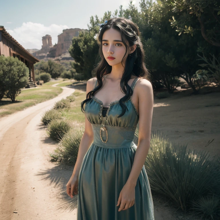 Retro Cam. margaret qualley, wild west, gatsby long dress, vintage dress, 22 years old, perfect body, 40's, perspective, half body detail, sharp focus, light mix, detail, 50's, (high skin detail: 1,2), 8k hd, Wallpaper, DSLR, Luz outfit, high quality, Fujifilm XT3 Grainy Films.