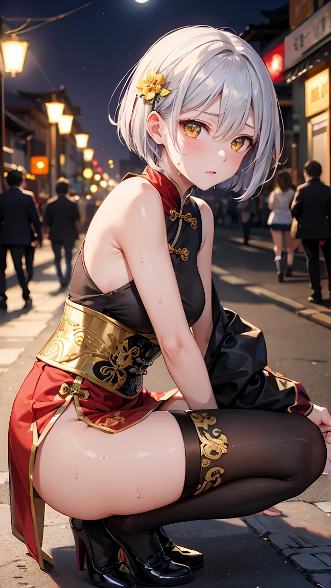 Young girl , short silver bob hair, hair flower, sharp bangs between the eyes, yellow  eyes, eyes large, provocative look, obscene expression, notable physical features, traditional chinese imperial clothes black with gold details, red skirt, black thigh high socks. half-sided angle, crouched in the street. japanese city, outdoor city, city at night, with full moon in the background, light reflecting on the sexy and sweaty body. (((sweat))) (work of art:1.2,) (best qualityer.)