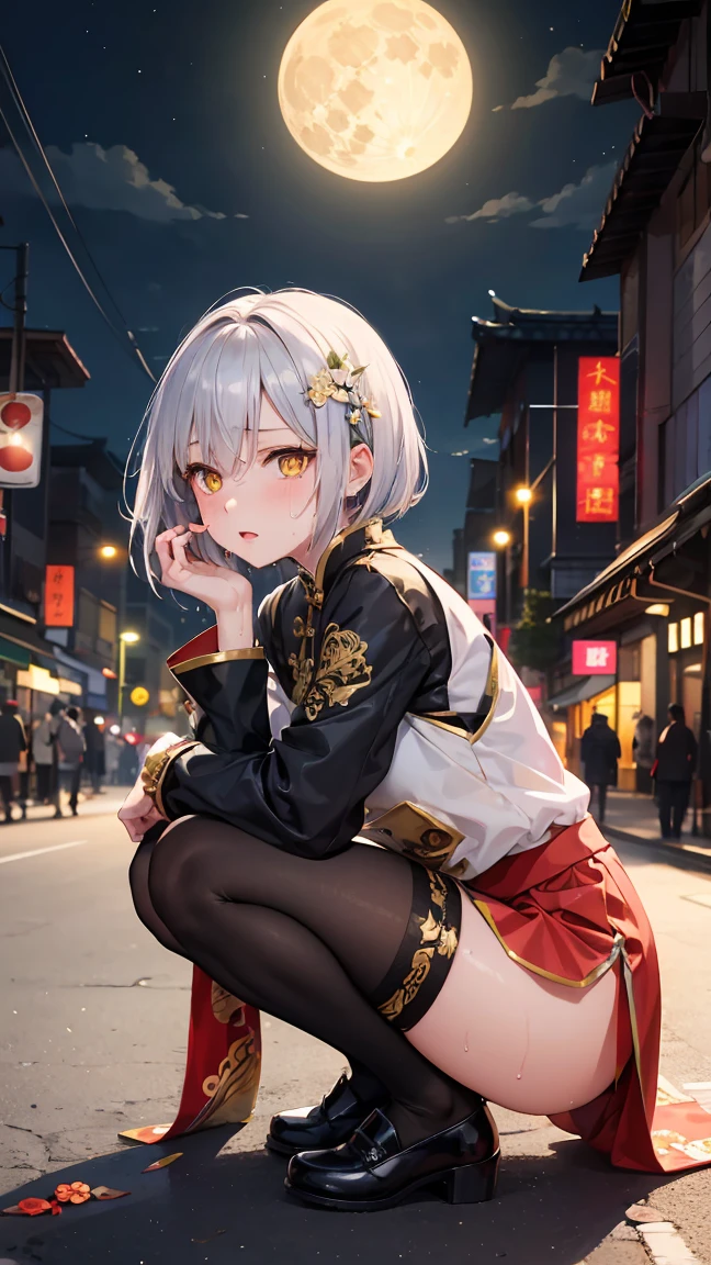 Young girl 10 years old, short silver bob hair, hair flower, sharp bangs between the eyes, yellow  eyes, eyes large,  look,  expression, notable physical features, traditional chinese imperial clothes black with gold details, red skirt, black thigh high socks. half-sided angle, crouched in the street. japanese city, outdoor city, city at night, with full moon in the background, light reflecting on the  and sweaty body. (((sweat))) (work of art:1.2,) (best qualityer.)
