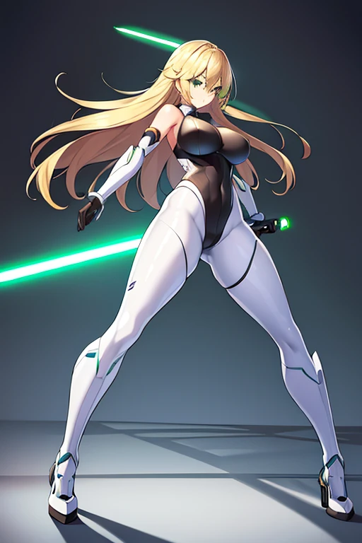 1girl, green eyes, blonde hair, long hair, large breasts, hourglass figure, bodysuit, white bodysuit, neon, neon trim, machinery, tech, science-fiction, futuristic, serious, standing, full body, ((full body)),, pantyhose, black pantyhose, wavy hair, fighting stance, robot girl, sword, lightsaber