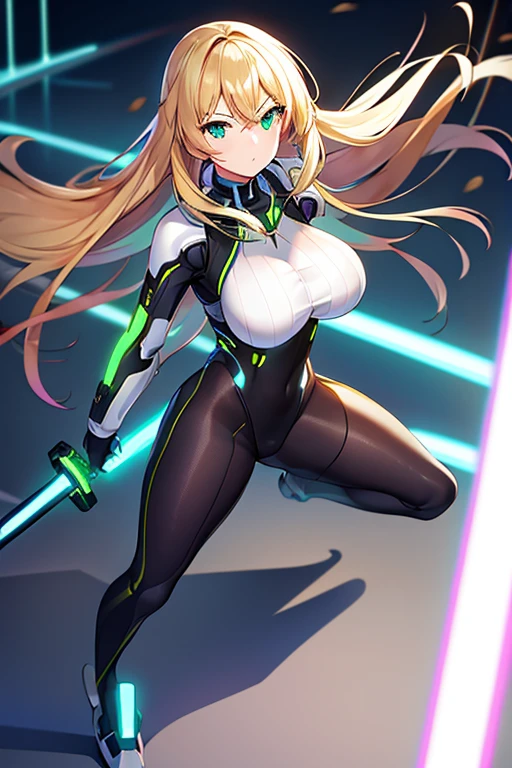 1girl, green eyes, blonde hair, long hair, large breasts, hourglass figure, bodysuit, white bodysuit, neon, neon trim, machinery, tech, science-fiction, futuristic, serious, standing, full body, ((full body)),, pantyhose, black pantyhose, wavy hair, fighting stance, robot girl, sword, lightsaber