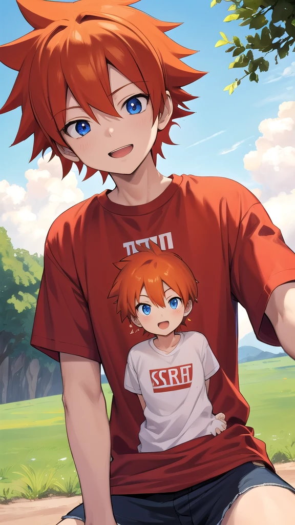 best quality, masterpiece, highres, detailed, perfect anatomy,  ChrisT, red t-shirt with white sleees, orange hair, spiked hair, blue eyes,  happy, outdoors, male ,