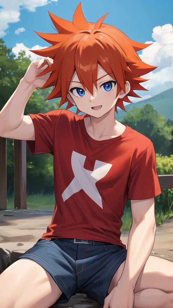 best quality, masterpiece, highres, detailed, perfect anatomy,  ChrisT, red t-shirt with white sleees, orange hair, spiked hair, blue eyes,  happy, outdoors, male ,