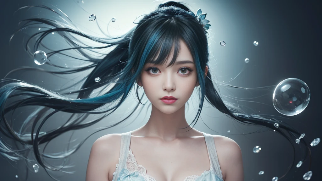 (masterpiece), (Highest quality), (Very detailed), (Disheveled Hair), (shape), (One Girl), (Fashionable clothes), Are standing, Fashion Model, Beholder, (interview), (Simple Background), Beautiful and beautiful eyes, Delicate and beautiful face, floating, (High chroma), (Colorful Splash), Colorful bubbles, (Shine), Focus on the face, ponytail, Light blue hair, bangs, Hair Ring, floating Flowers, floating Hairs, (The Shining), Best lighting, Best Shadow, Big, firm, swaying breasts