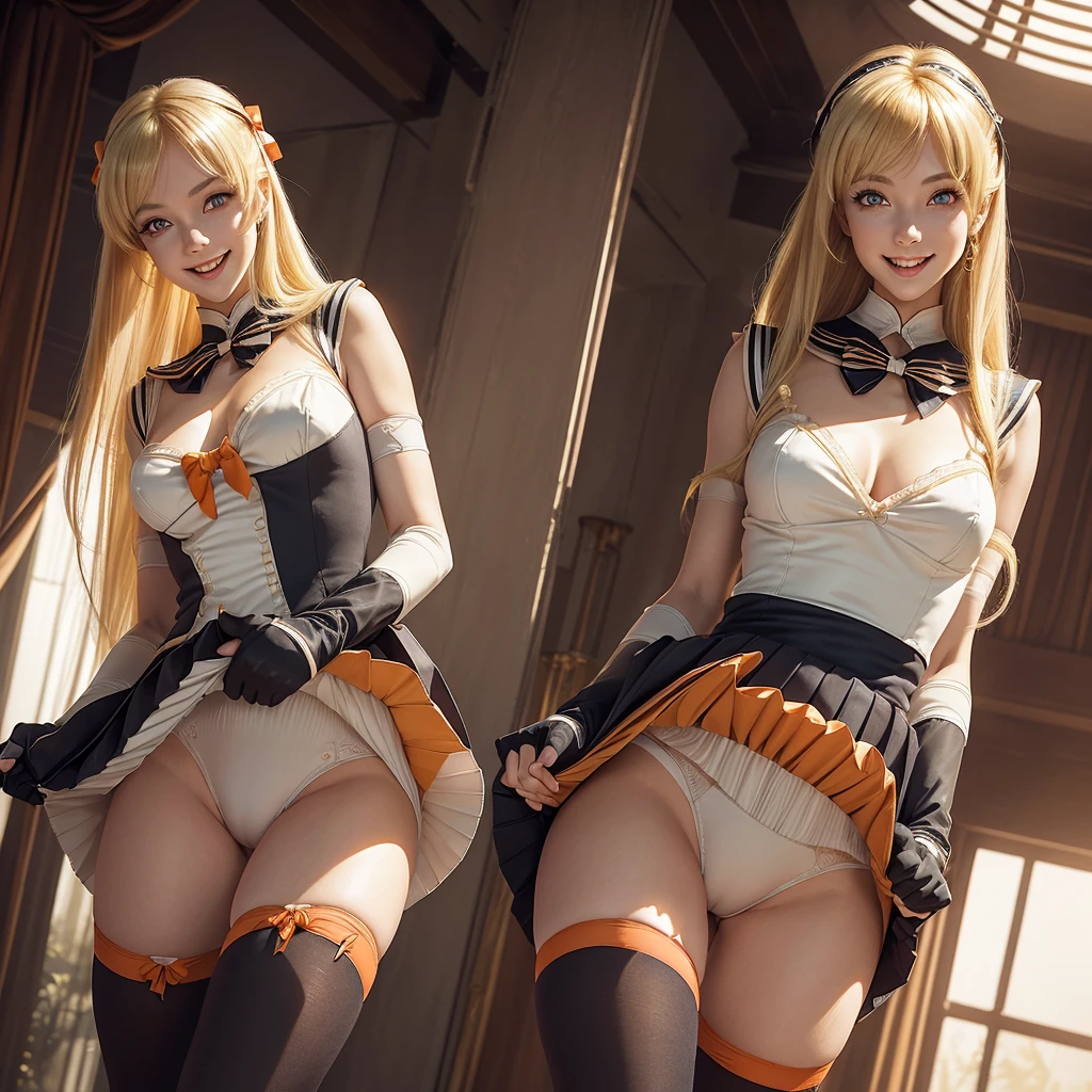 Beautiful 3 girl, full body shot, (blonde hair, straight blonde hair: 1.28), clear skin, (beautiful face and hair), pale skin, medium breasts, cleavage, (thin hips, thin waist , athletic body: 1.25), (stockings), detailed skin, smile open mouth), black and silver and orange color scheme, highly detailed)), 8k textures, soft light, elegant, highly detailed, sharp focus, soothing tones, hyperdetailed, low contrast, hdr, faded, bed, ((sailor venus cosplay, long gloves, jewelry, make-up, glowing red eyes, smile, open mouth, pleated skirt, Bosque, leotard, pleated skirt, bow on chest, knee high stockings)) realistic, side by side, skirtlift by self