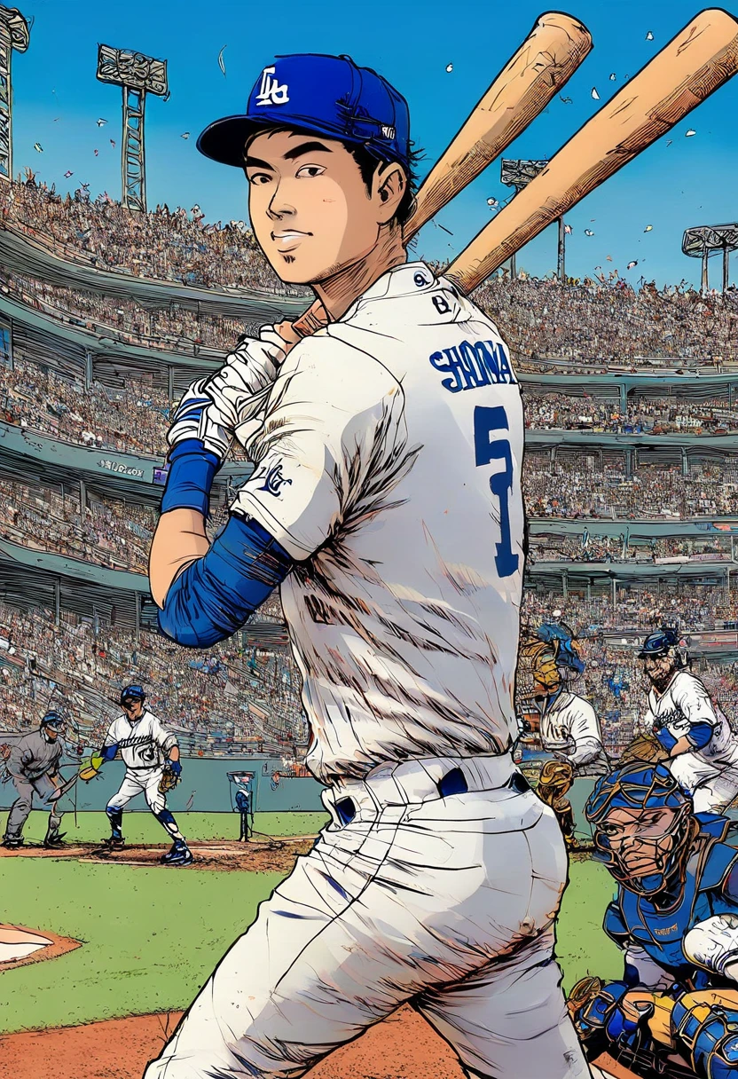 1 baseball player batting left-handed,Ohtani Shohei,Dodgers,hyperrealistic,cinematic angle,high quality,vibrant colors,award winning photograph