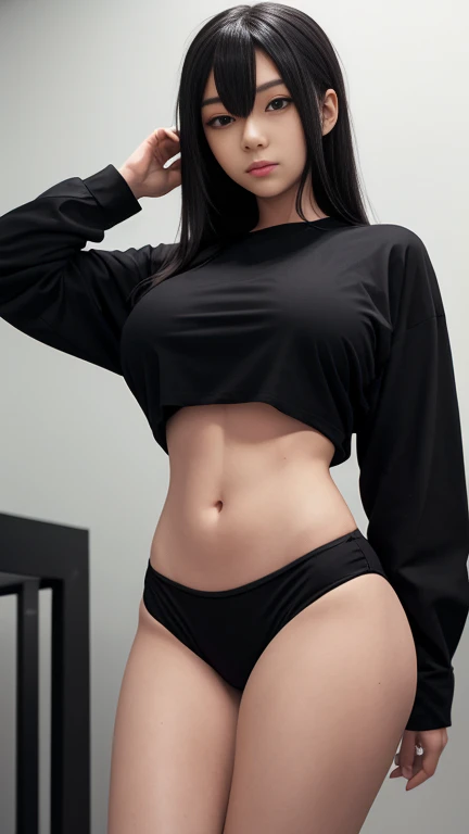 A girl has large breasts showing and long black hair and is wearing her black shirt with her bikinis 