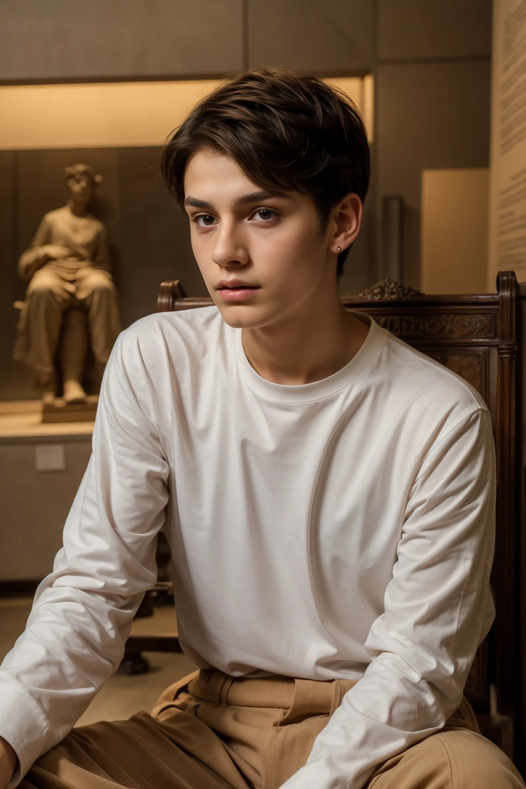 A cute, beautiful male twink with black hair and a face with makeup. He is wearing a white long-sleeved shirt and brown pants. He is in the Museum of Historical Antiquities and is looking in amazement while sitting on a chair.