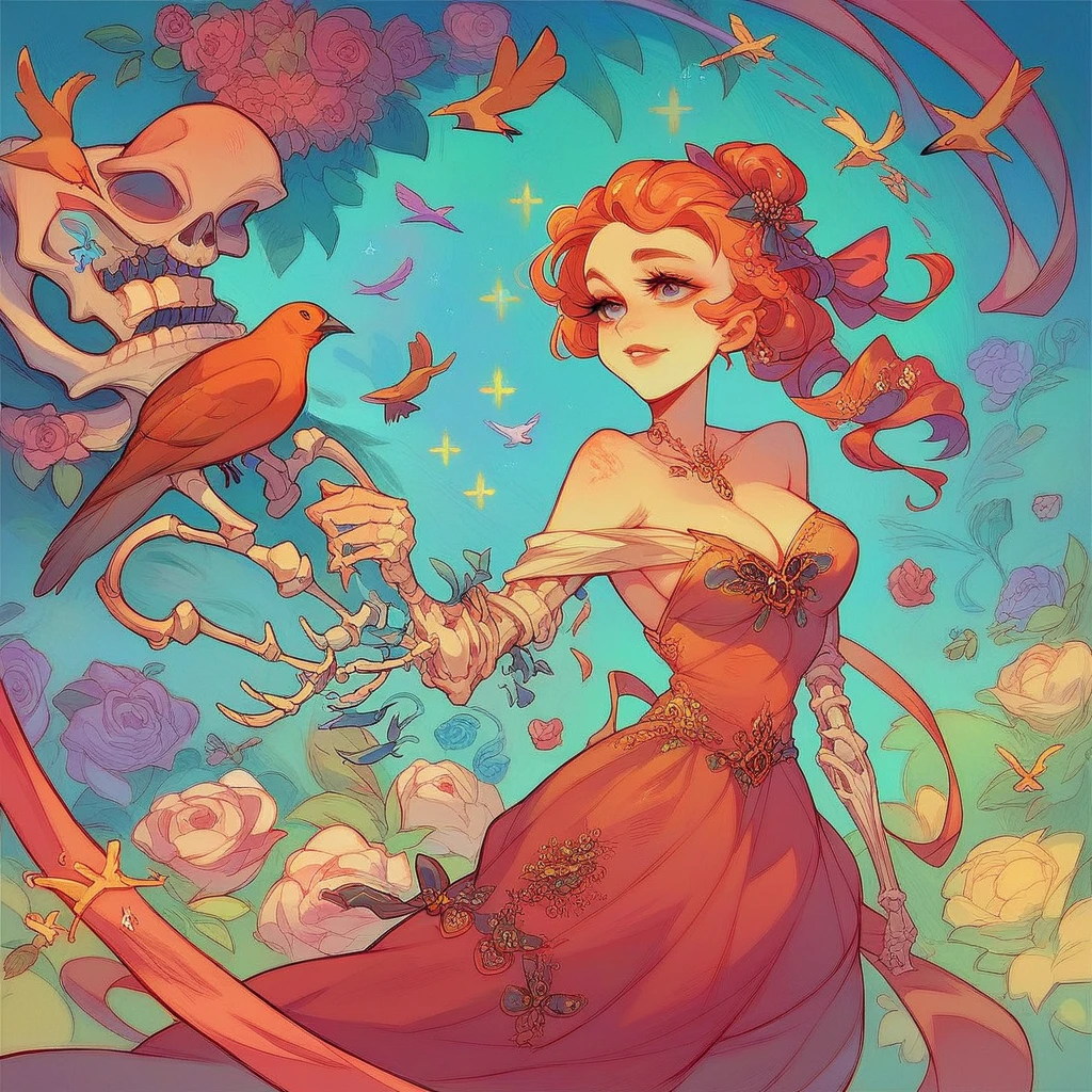 1topless girl, long bloody hair, seductive eyes, mysterious expression, mature appearance, charming dress, flowing short dress, elegant jewelry, intricate decoration, magic symbols, glowing accessories, potions, scrolls, cute accents, bows, ribbons, flowers, birds, skeleton