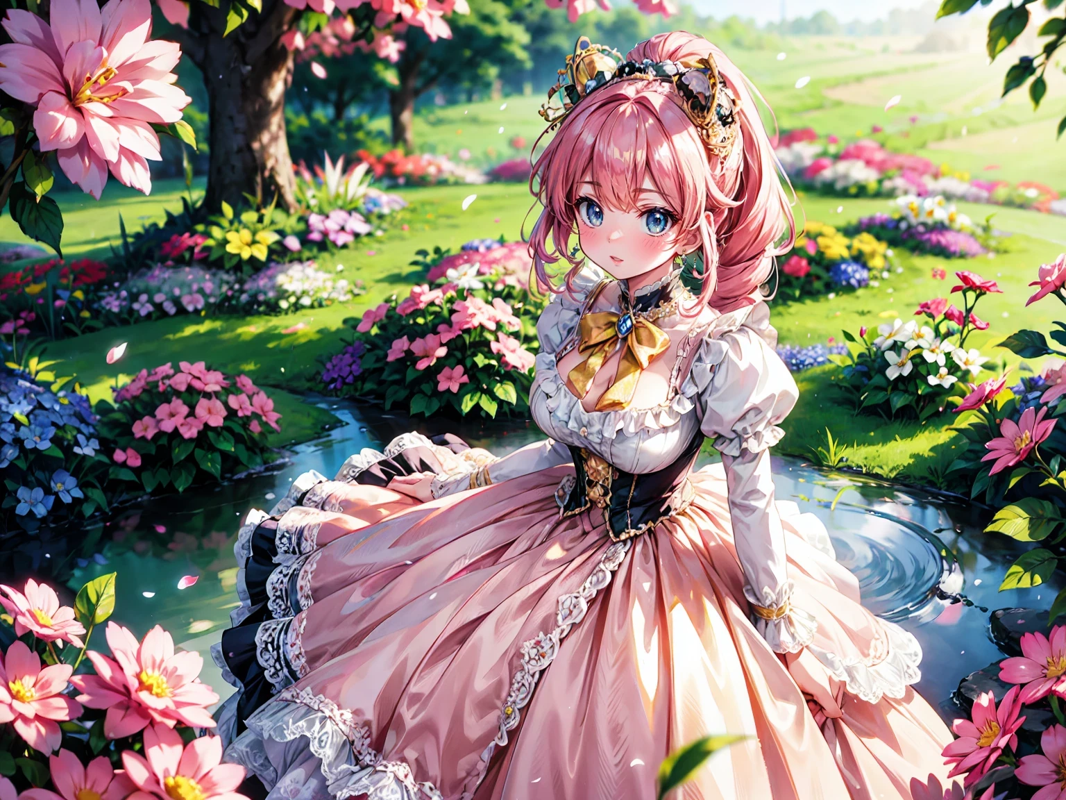 anime moe art style, ((Masterpiece, ultra detailed, exquisite quality)), (((young face solo princess))), (dress light yellow dress), (((ultra elaborate gorgeous rococo victorian gown with voluminous hoopskirt and long hems and lot of frills and pleats dense lace and cute ribbon, princess style skirt, ultra lovely gown))), (((hair pink hair))), ((fluffy long ponytail)), (Expressive very voluminous hair), ((huge breasts)), breasts cleavage, (((leaning forward, looking up, from above, front view))), super delicate face, kawaii face, (hyper detail delicate eyes, hyper beautiful eyes), (eyes blue eyes), (((So lot's of colorful flowers))), ((face focus, eyes focus, blurry background:1.5)), (isometric 3D:1.3), particle effect,