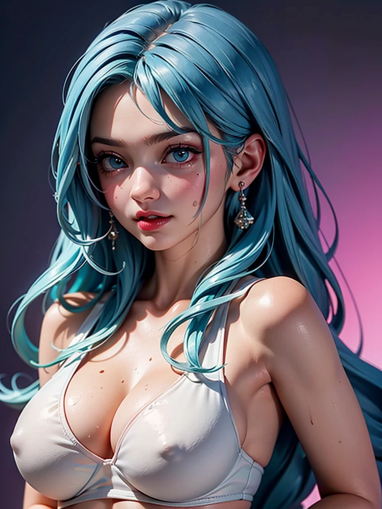 Very detailed, Seductive erotic woman sweating, Tank top chest, (Big Breasts, Milk mole, Blue Hair), Centered on the chest, Focus on the face