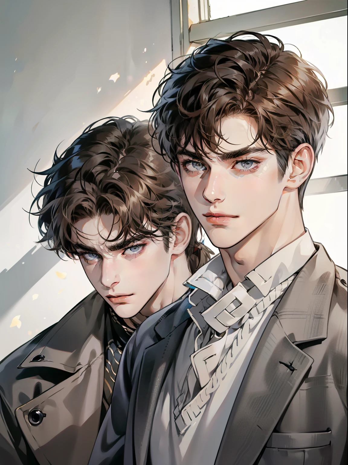 masterpiece, best quality, realistic, 1man, mature male, quiet and charming young man, 25 year old, serious look, closed mouth, portrait, extremely detailed face, cold smile, ((dark grey eyes)), ((short-right-swept dark brown hair)), [thick eyebrows], ((suit)), handsome, full body, western, Jewish, light brown skin,