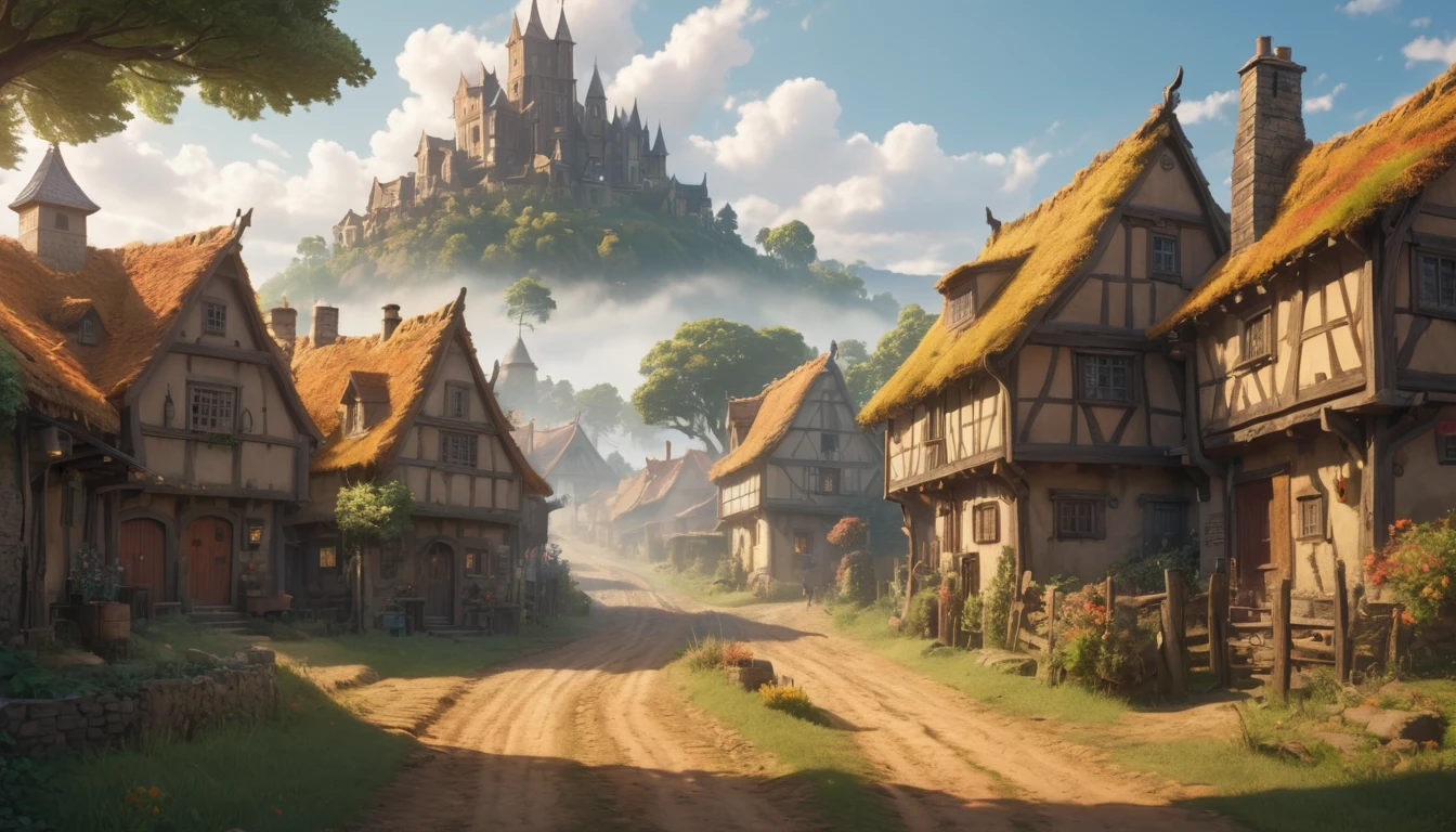 (anime, fantasy, village), (detailed CG unity 8k wallpaper, masterpiece, best quality, ultra-detailed, HDR:1.2), vibrant colors, intricate, high FXAA, medieval village, cluster of houses, oak house, dirt road, people walking, small trees, wide angle shot, warm mood, cinematic composition, volumetric fog, dynamic lighting