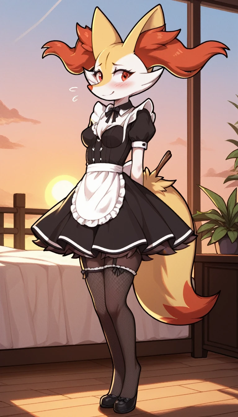 1girl, anthro, furry, fur, fluffy fur, braixen girl, Red eyes, full body, (19 years), medium breast, thicc thighs, solo, (bedroom), sunset, detailed, maid outfit, fishnet stockings, shy, nervous, sunset, smile, standing, score_9, score_8_up, score_7_up, score_6_up, score_5_up, score_4_u