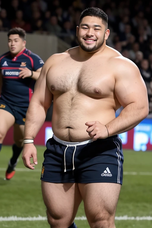 ((highest quality)), ((masterpiece)), (detailed), ((Perfect Face)), 4k, Shaved head, Young Japanese, Muscular, Fat body, Very big man, smile, ((showing off crotch)) A large Japanese man shirtless、whole body、Rugby player、Thick legs、Thick arm muscles、Intimidating、whole body、wearing a very tight and very short black-shorts,  (shirtless)、((At the rugby field)), Legs open，