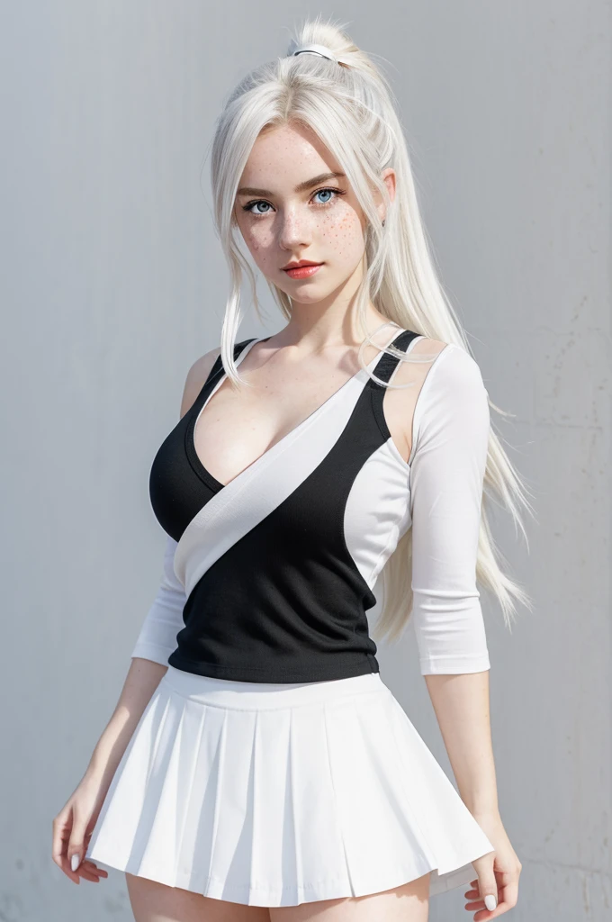 make me an oc from the anime Boku no hero academia genre: feminine skin:white with freckles on the face Hair color:White long background:UA Hall Appearance:somewhat large breasts , Red lips, green eyes and her clothes are a black top and a white skirt