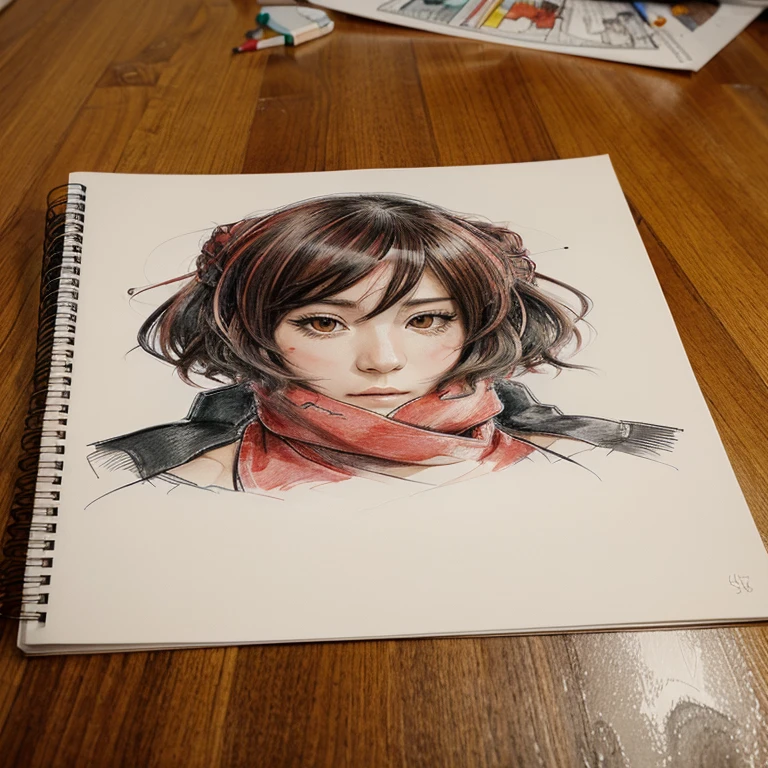 drawing of a woman with a scarf on a table, pencil and ink manga drawing, anime style portrait, he‘s wearing a red scarf, inspired by Yamagata Hiro, anime sketch, pencil and ink manga, ink manga drawing, anime portrait, anime style drawing, anime style character, high quality colored sketch, colored sketch, an anime drawing, semirealistic anime style
