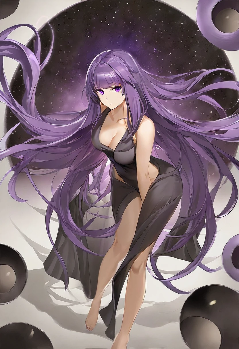 Athena,Purple one-way slightly messy long hair,Purple Eyes,Black one-piece dress,But the jumpsuit is sexy,barefoot,A black hole in the universe,Purple and black black hole,Draw a good look,Normal body proportions