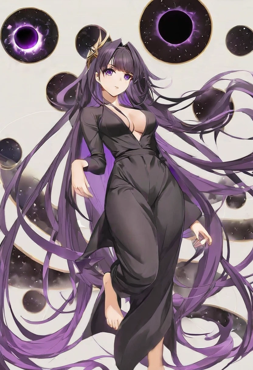 Athena，Purple one-way slightly messy long hair，Purple Eyes，Black one-piece dress，But the jumpsuit is sexy，barefoot，A black hole in the universe，Purple and black black hole，Draw a good look，Normal body proportions