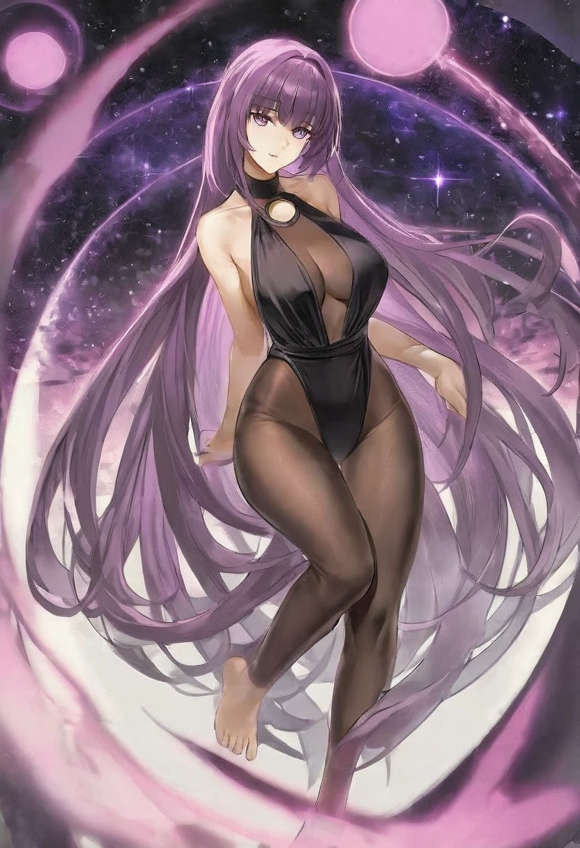 Athena,Purple one-way slightly messy long hair,Purple Eyes,Black one-piece dress,But the jumpsuit is sexy,barefoot,A black hole in the universe,Purple and black black hole,Draw a good look,Normal body proportions