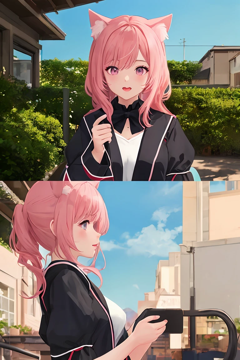 (score_9,score_8_up,score_7_up,score_6_up,score_5_up,score_4_up),masterpiece, top quality, best quality, official art, beautiful and aesthetic, animation, , 1girl with cat ear, perfect figure, pink hair, complex details,, cyberspace, interaction, virtual image, wagging tail ,