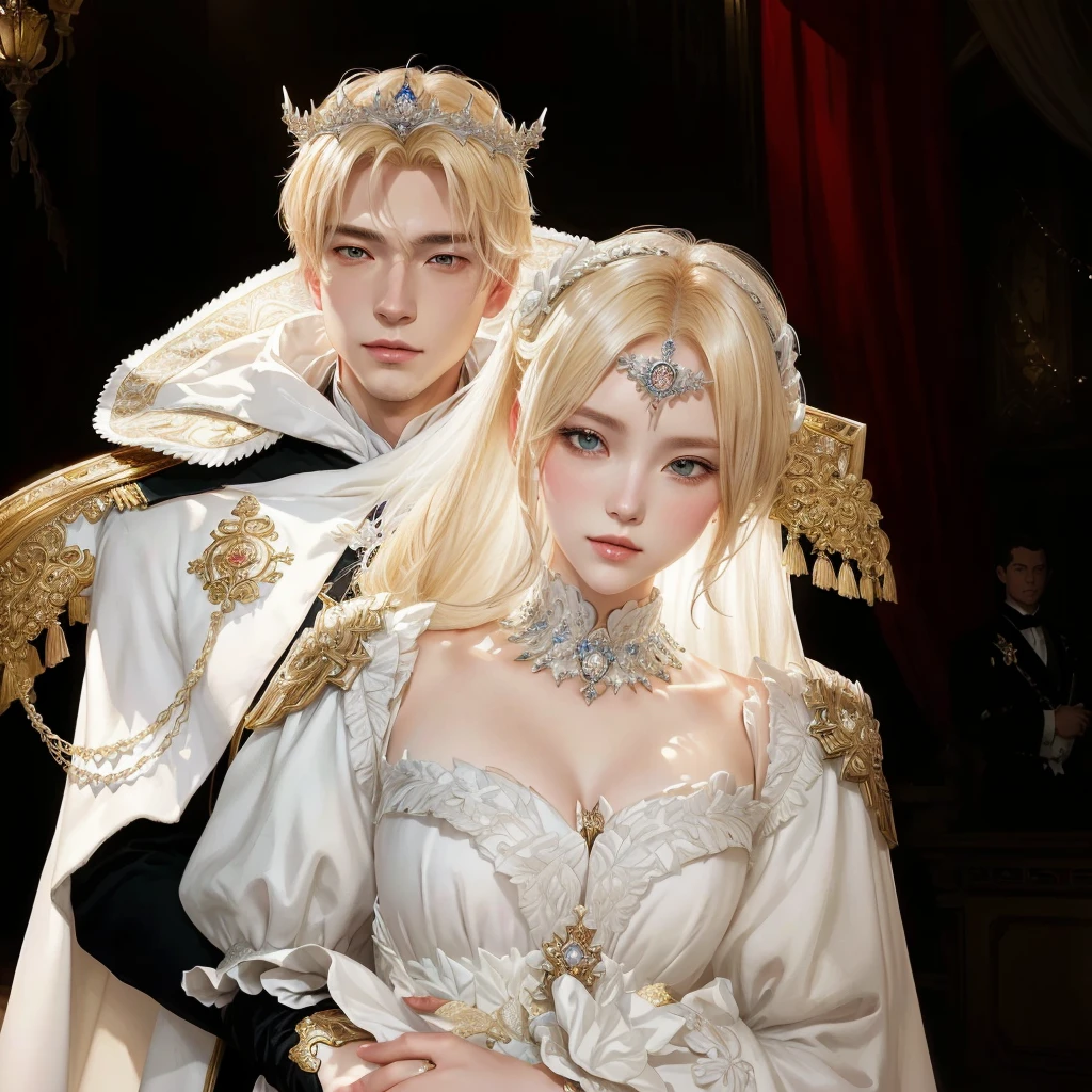 blonde woman in white dress and man in white cape, wlop e sakimichan, sakimichan and frank franzzeta, Guweiz, artwork in the style of guweiz, imperial royal elegant clothes, guweiz masterpiece, cute androgynous prince, from lineage 2, Gregory and Manon, royal portrait