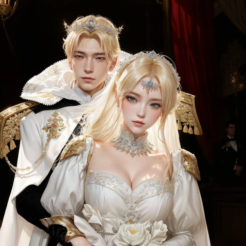 blonde woman in white dress and man in white cape, wlop e sakimichan, sakimichan and frank franzzeta, Guweiz, artwork in the style of guweiz, imperial royal elegant clothes, guweiz masterpiece, cute androgynous prince, from lineage 2, Gregory and Manon, royal portrait