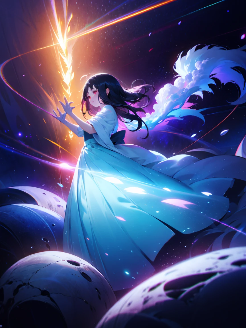 bioluminescent shiny glow, beautiful girl in flowing ballgown dress, galaxy style dress, galaxy glow, sparkling, ethereal, fluffy flowing hair, silky glistening iridescent raven hair, kaguya shinomiya, 4k, perfect illustration