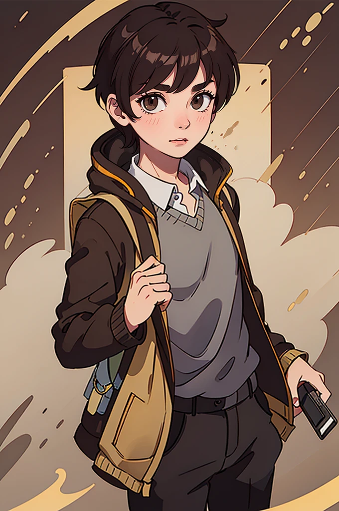 male, Short (5'4"), slender build, dark brown hair kept neat and parted, warm brown eyes, light brown skin, often wears collared shirts and khakis, carries a backpack filled with gadgets. (masterpiece, best quality )detailed, 1Character