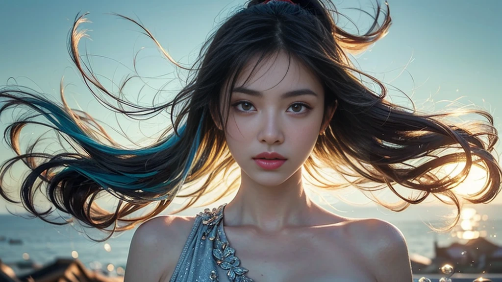(masterpiece), (Highest quality), (Very detailed), (Disheveled Hair), (shape), (One Girl), (Fashionable clothes), Are standing, Fashion Model, Beholder, (interview), (Simple Background), Beautiful and beautiful eyes, Delicate and beautiful face, floating, (High chroma), (Colorful Splash), Colorful bubbles, (Shine), Focus on the face, ponytail, Light blue hair, bangs, Hair Ring, floating Flowers, floating Hairs, (The Shining), Best lighting, Best Shadow, Big, firm, swaying breasts